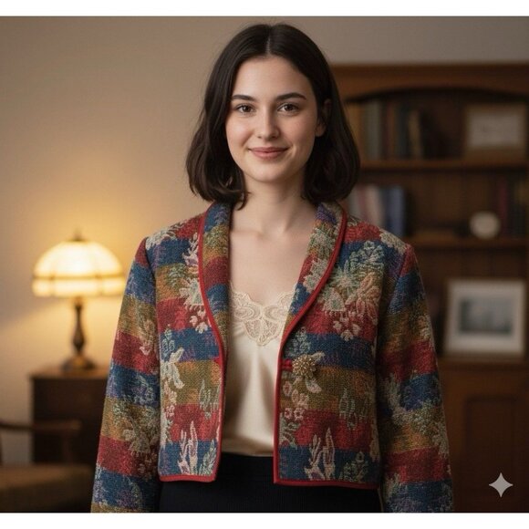 Keren Hart Vtg Multi Color Tapestry Woven Button Cropped Jacket PTP 22 Sz L - Picture 1 of 8